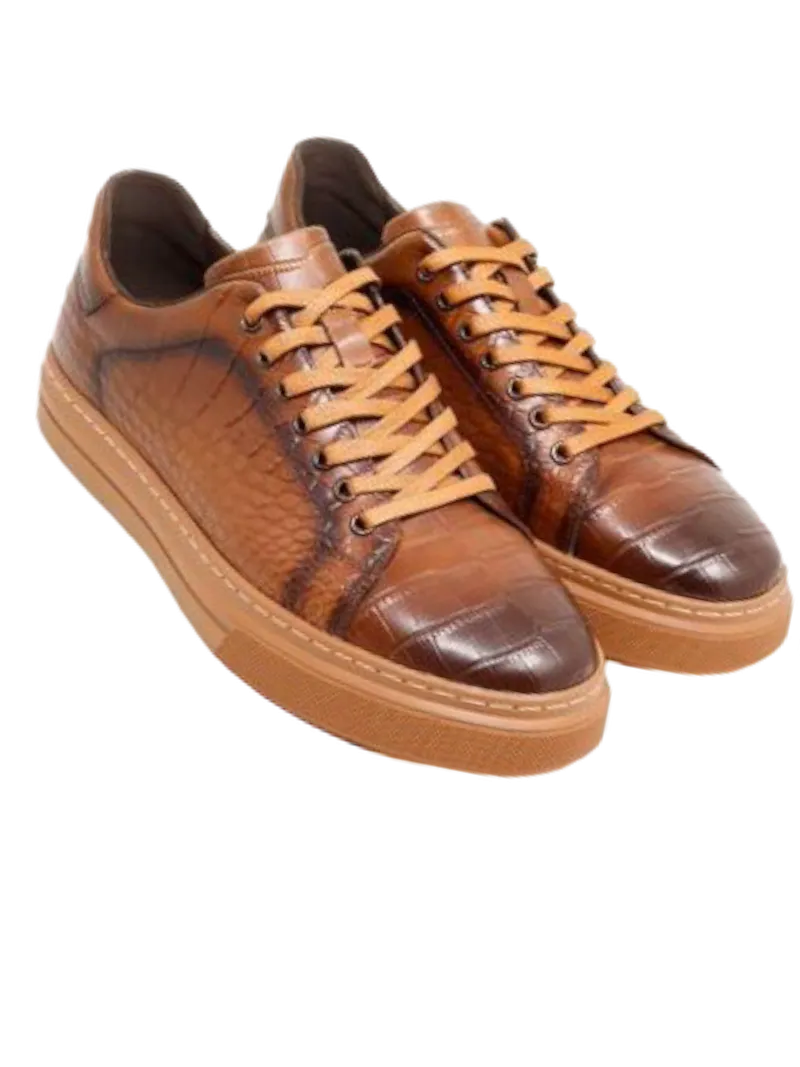 Barabas Serpent Flash Men's Cognac Lace-Up Casual Sneakers Genuine Leather