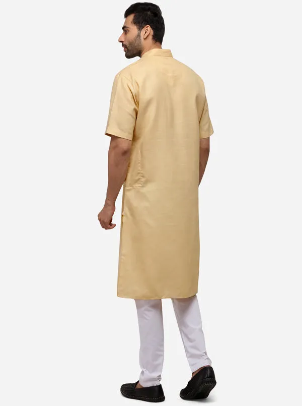 Beige Self Textured Regular Fit Modi Kurta | JadeBlue