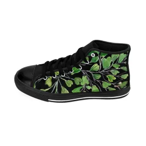 Black Green Maidenhair Men's Tennis Shoes, Tropical Print Designer Best High-top Sneakers For Men