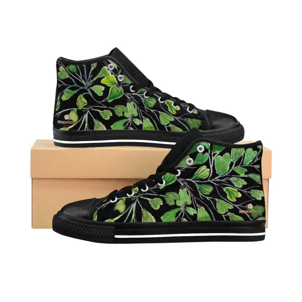 Black Green Maidenhair Men's Tennis Shoes, Tropical Print Designer Best High-top Sneakers For Men