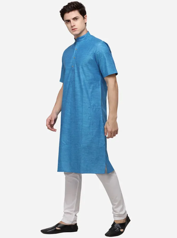 Cerulean Blue Self Textured Regular Fit Modi Kurta | JadeBlue