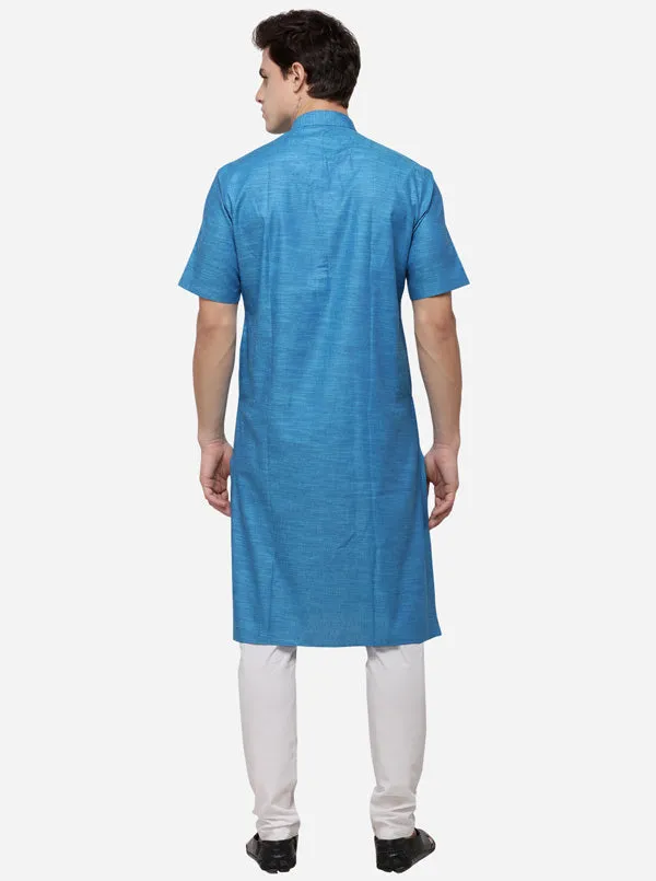 Cerulean Blue Self Textured Regular Fit Modi Kurta | JadeBlue