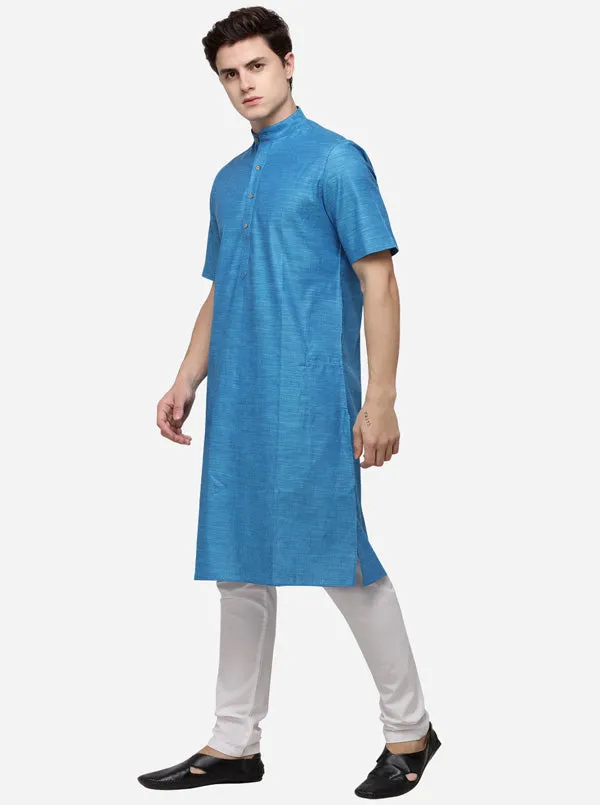 Cerulean Blue Self Textured Regular Fit Modi Kurta | JadeBlue