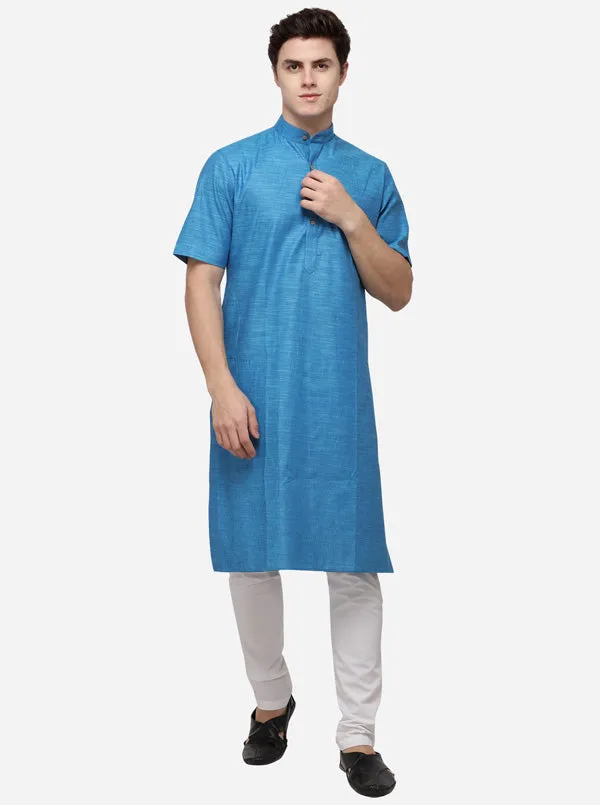 Cerulean Blue Self Textured Regular Fit Modi Kurta | JadeBlue