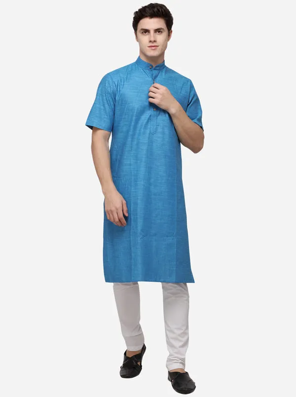 Cerulean Blue Self Textured Regular Fit Modi Kurta | JadeBlue