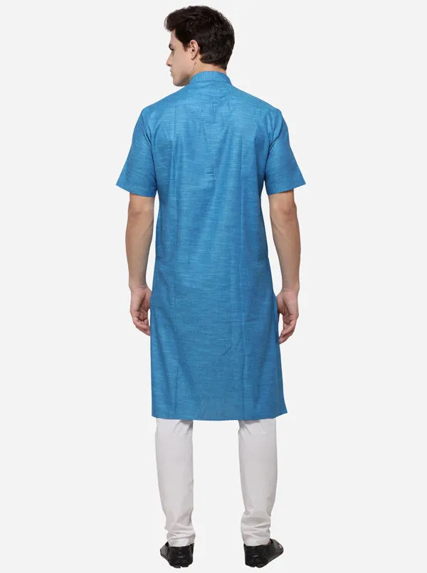 Cerulean Blue Self Textured Regular Fit Modi Kurta | JadeBlue