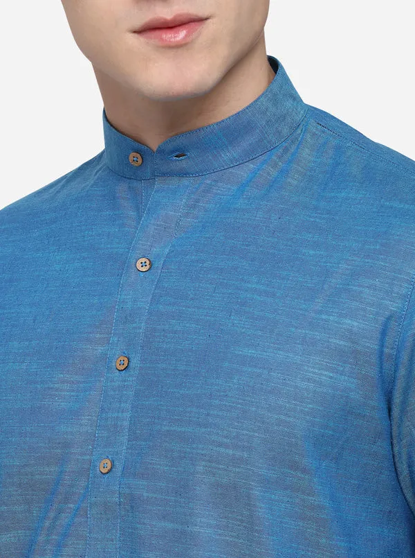 Cerulean Blue Self Textured Regular Fit Modi Kurta | JadeBlue