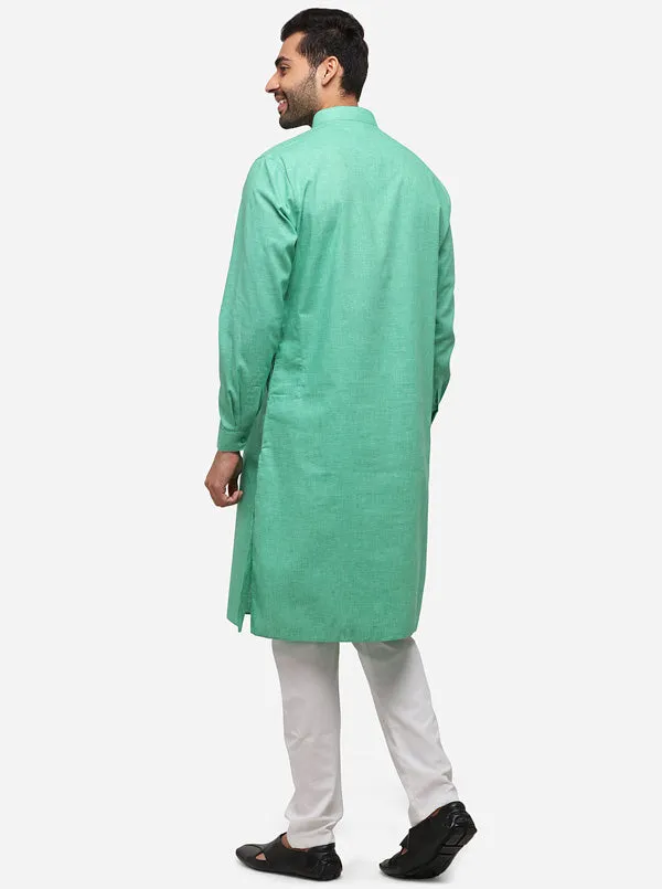 Green Self Textured Regular Fit Modi Kurta | JadeBlue