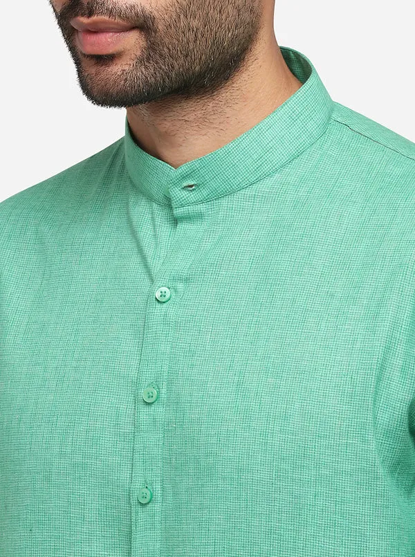 Green Self Textured Regular Fit Modi Kurta | JadeBlue