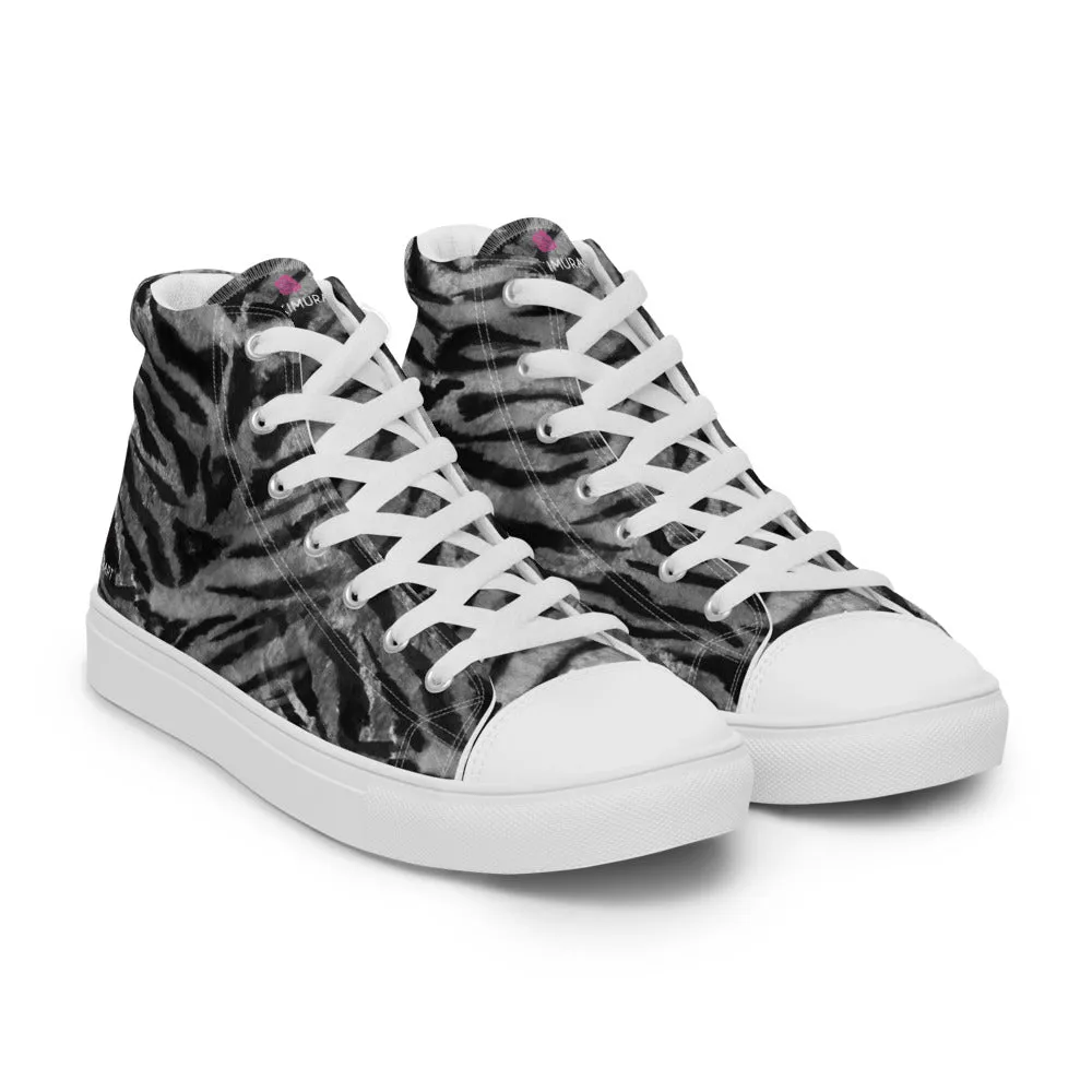 Grey Tiger Striped Men's Sneakers, Tiger Faux Skin Striped Animal Print Designer High Tops For Men