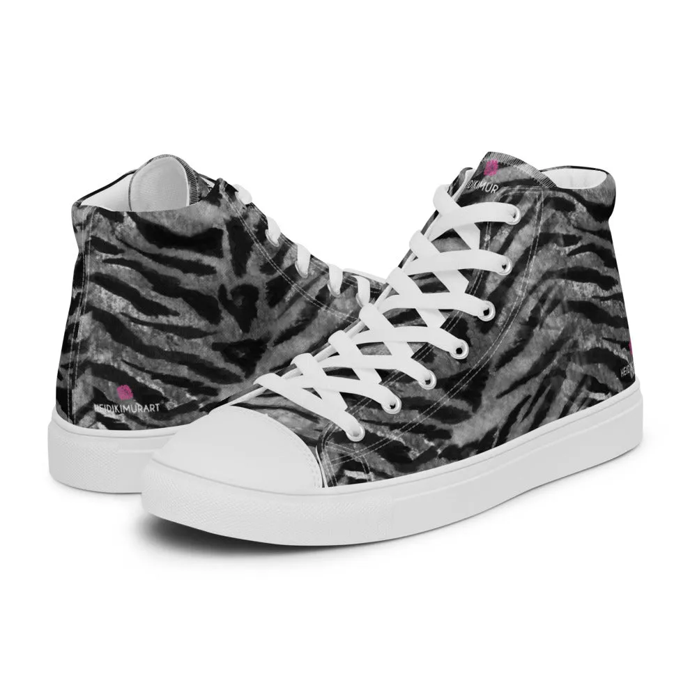 Grey Tiger Striped Men's Sneakers, Tiger Faux Skin Striped Animal Print Designer High Tops For Men