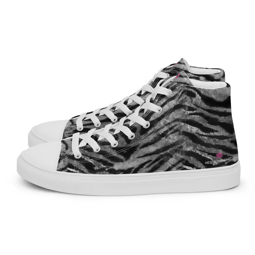 Grey Tiger Striped Men's Sneakers, Tiger Faux Skin Striped Animal Print Designer High Tops For Men