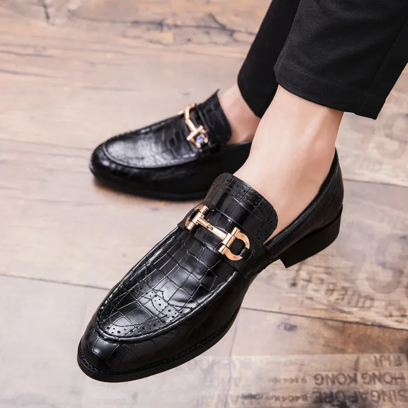 Hnzxzm Designer Metal Buckle Loafers Men's Business Dress Fashion Casual Black Patent Leather Pointed-Toe Shoes Men's Loafers Slip-On