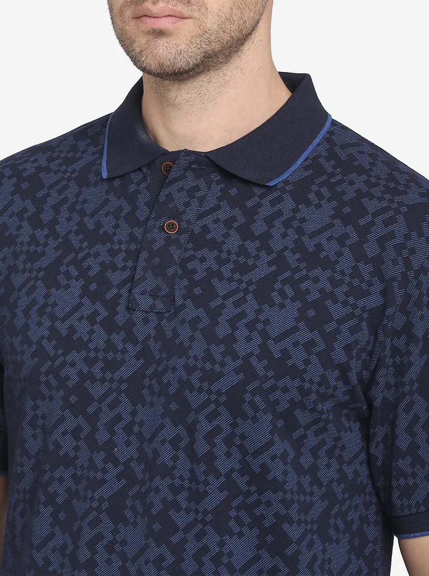 Ink Blue Printed Slim Fit Polo T-shirt  | Greenfibre