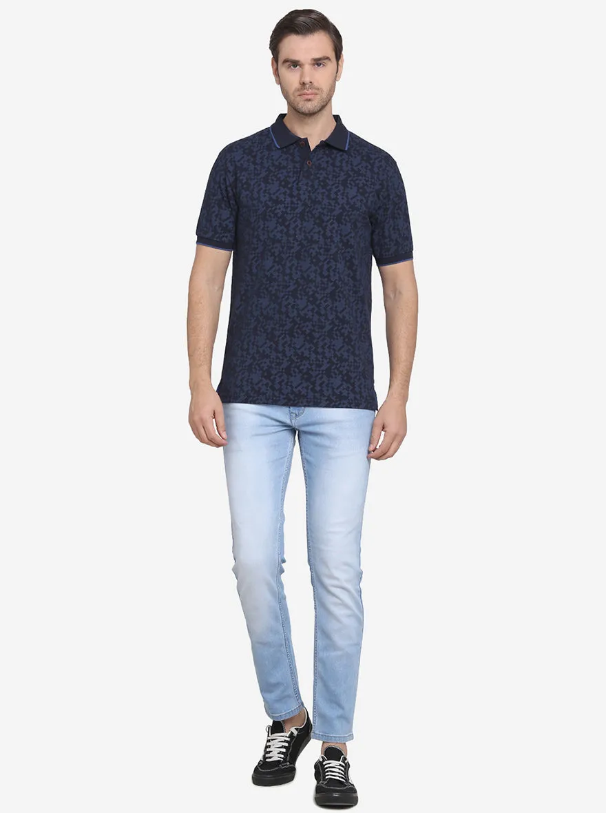 Ink Blue Printed Slim Fit Polo T-shirt  | Greenfibre