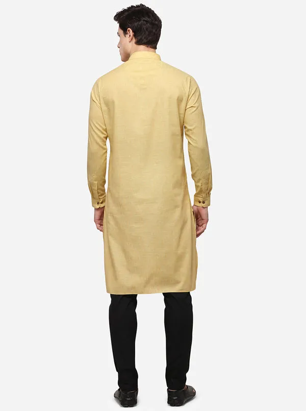 Lemon Yellow Self Textured Regular Fit Modi Kurta | JadeBlue