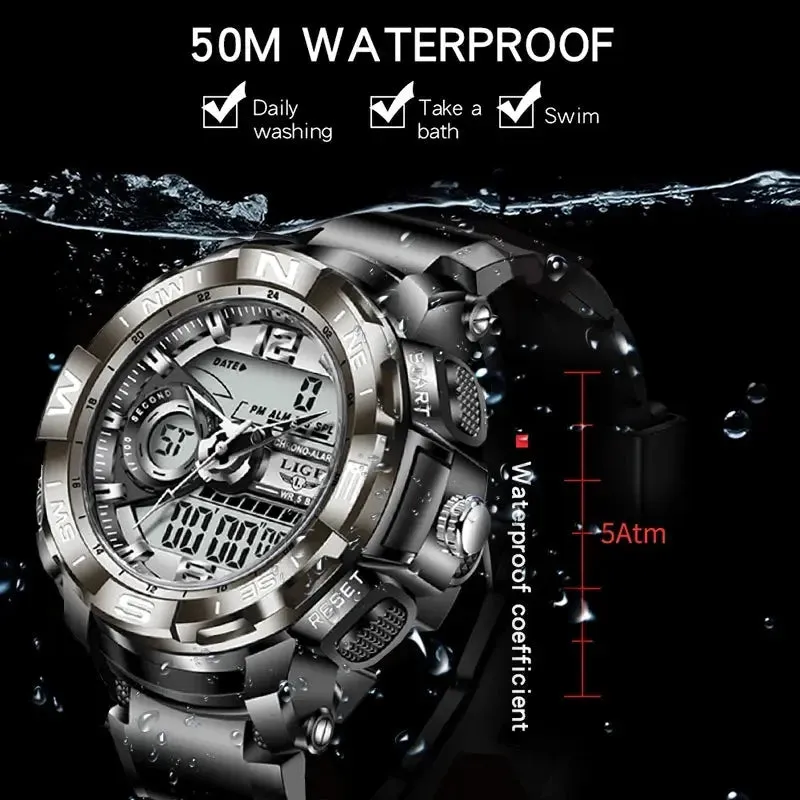 LIGE Sport Men Quartz Digital Watch Creative Diving Watches Men Waterproof Alarm Watch Dual Display Clock Relogio Masculino