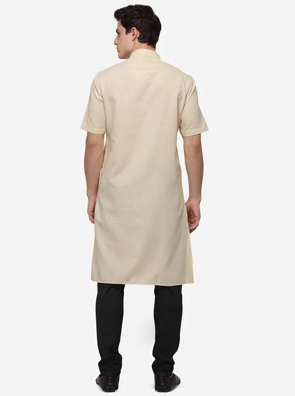 Light Beige Self Textured Regular Fit Modi Kurta | JadeBlue