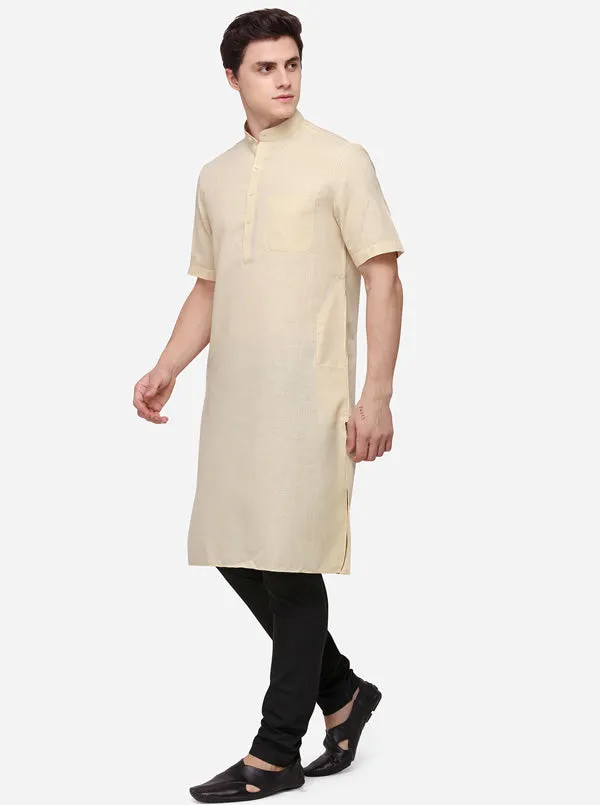 Light Beige Self Textured Regular Fit Modi Kurta | JadeBlue