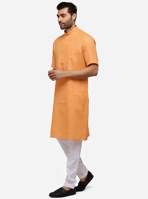 Light Orange Self Textured Regular Fit Modi Kurta | JadeBlue