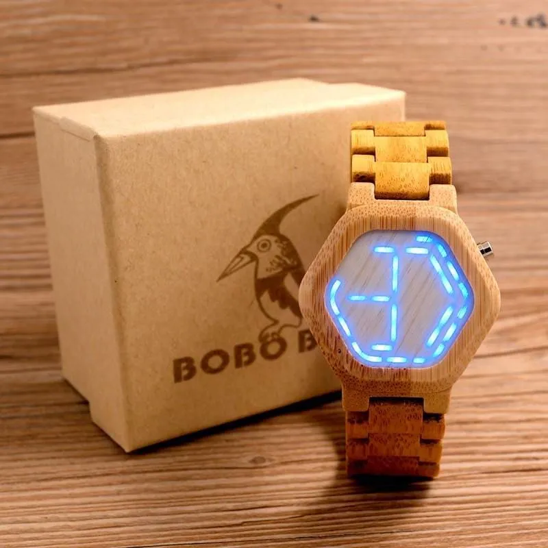 Luminous LED Display Bamboo Wood Digital Men's Watches