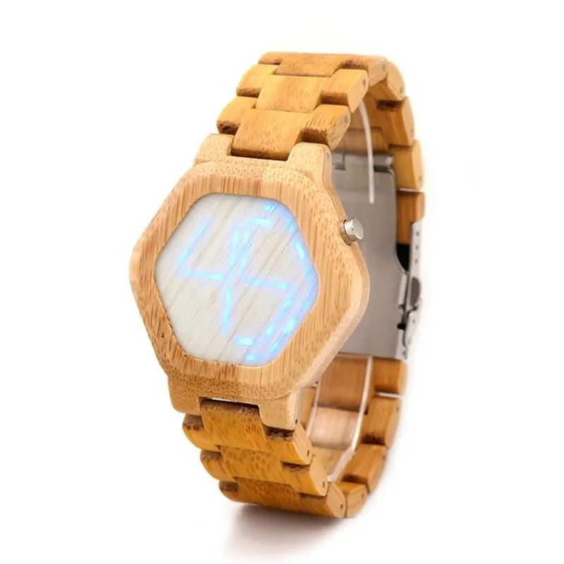 Luminous LED Display Bamboo Wood Digital Men's Watches