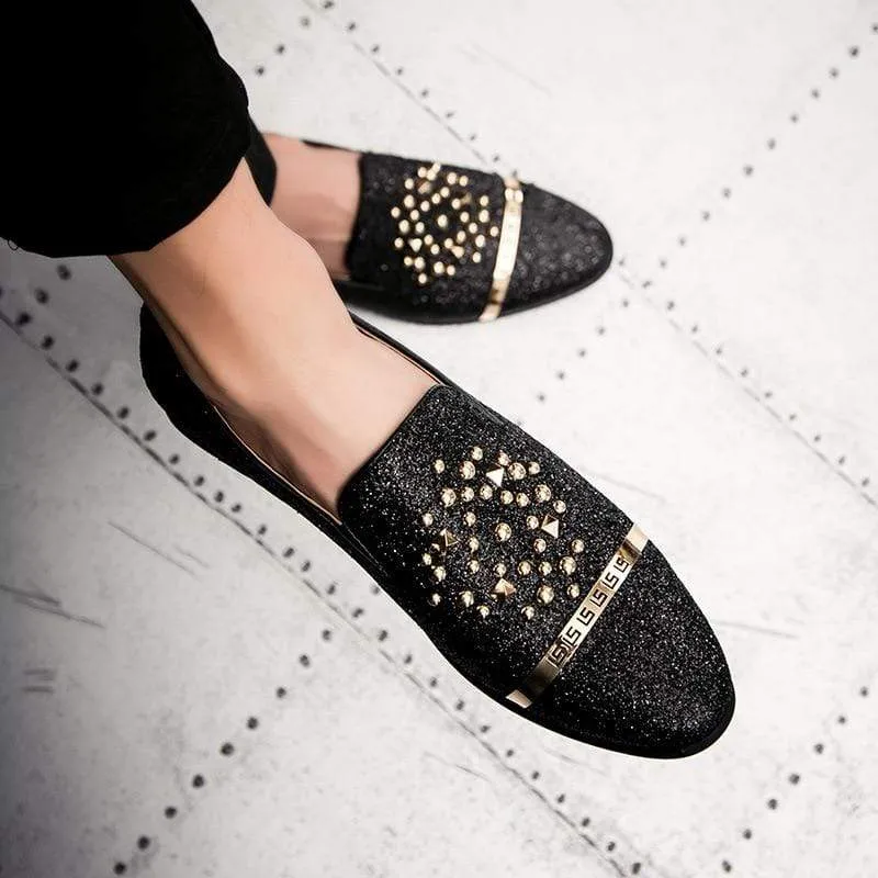 Men's Spiked Rivets Loafers decorated with Rhinestone