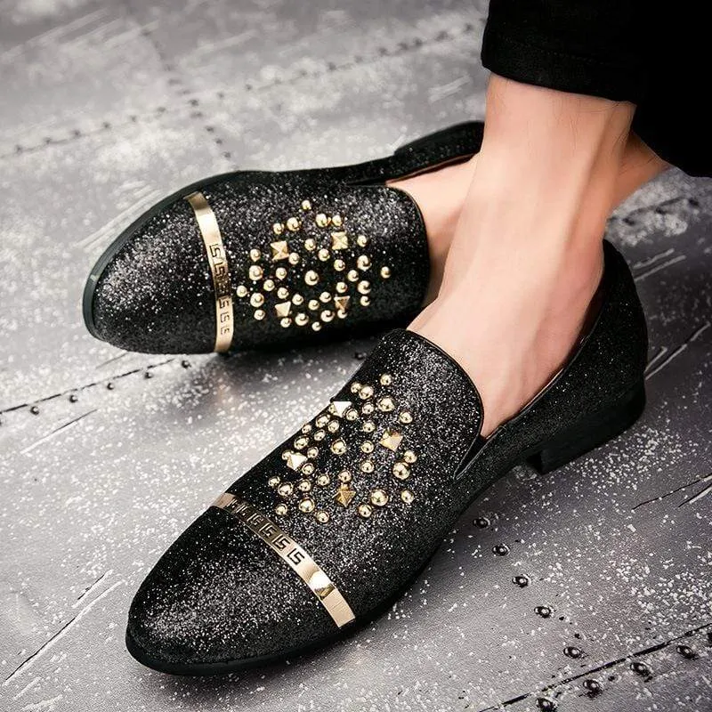 Men's Spiked Rivets Loafers decorated with Rhinestone