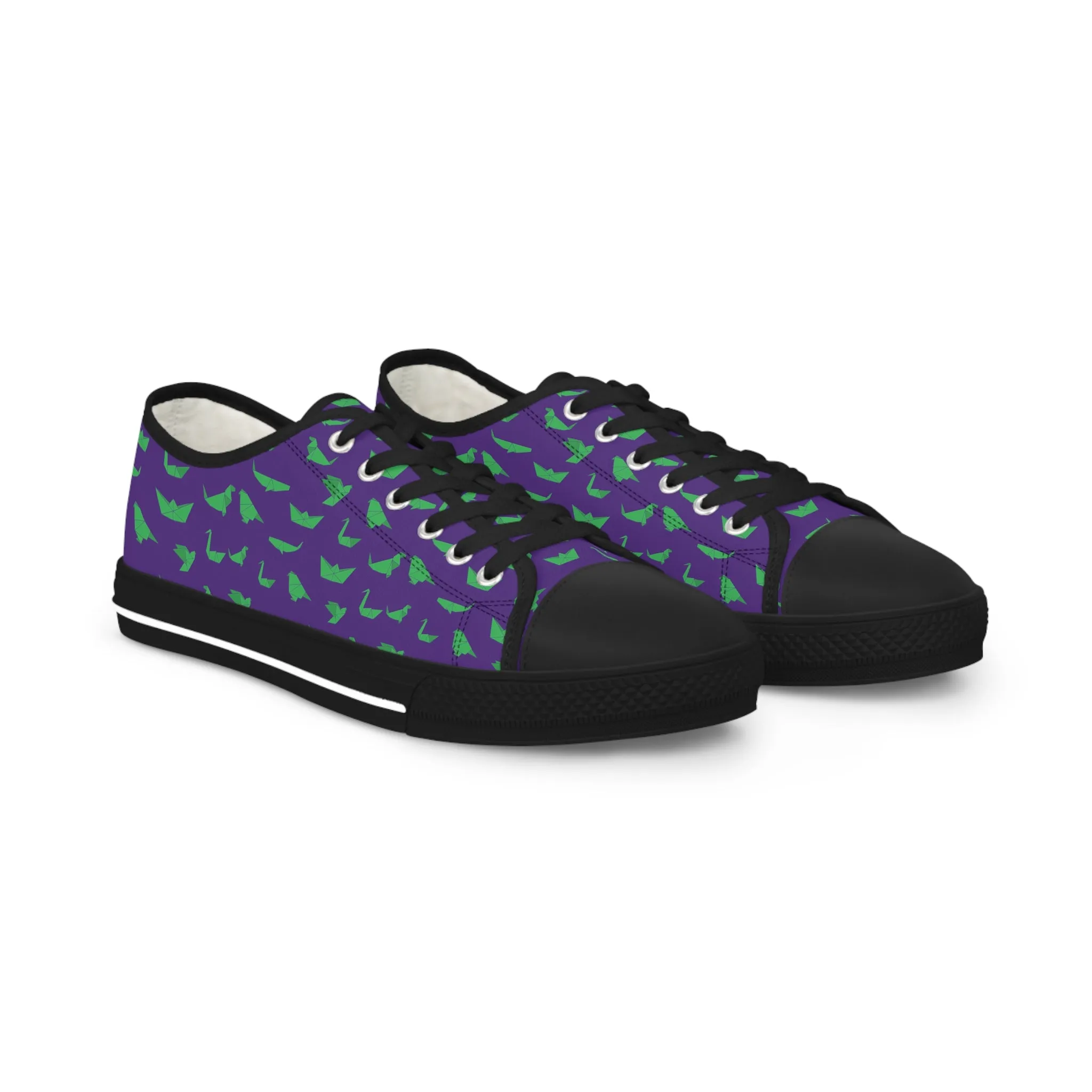 Purple Crane Print Men's Sneakers, Green and Purple Japanese Crane Print Men's Low Top Sneaker Shoes (US Size: 5-14)