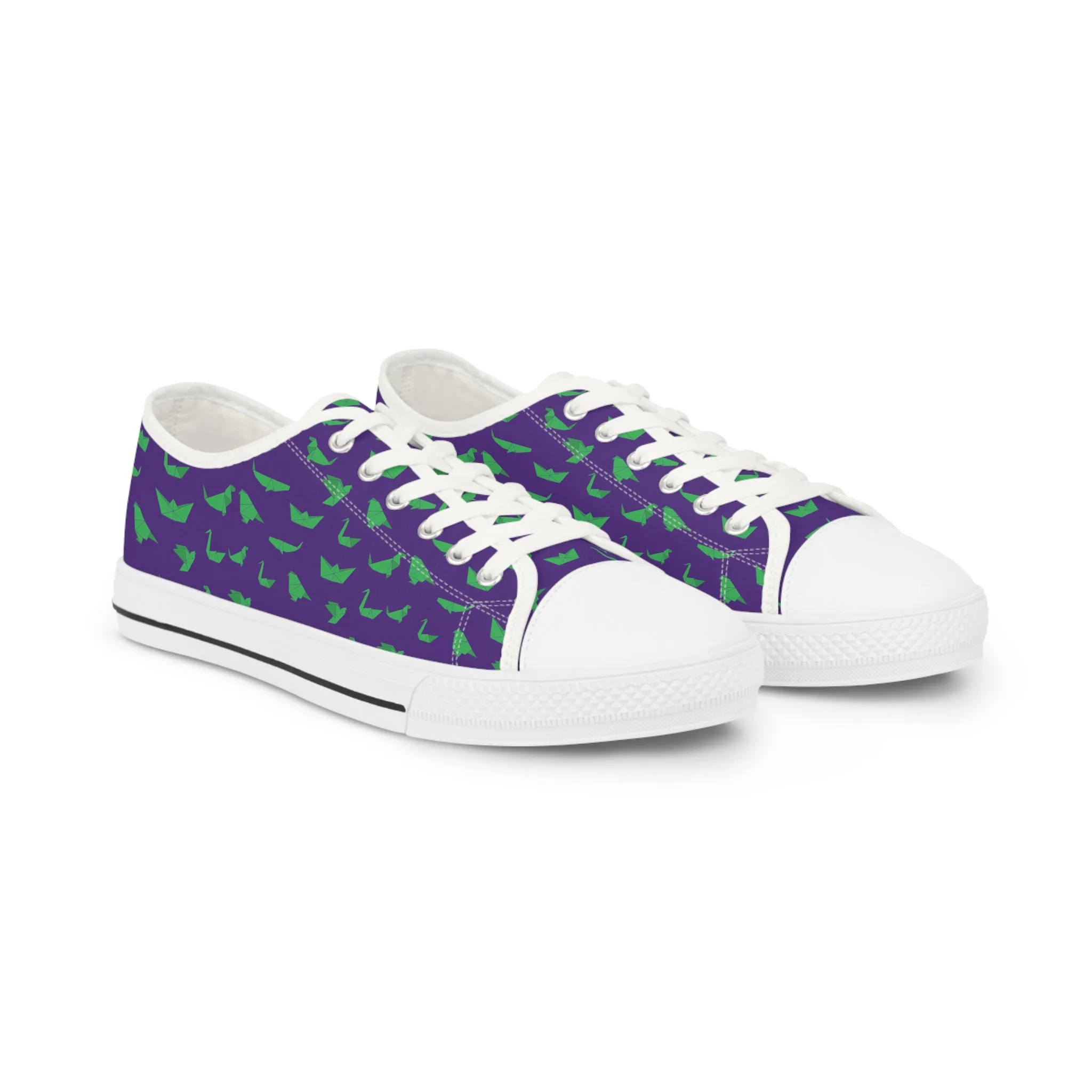 Purple Crane Print Men's Sneakers, Green and Purple Japanese Crane Print Men's Low Top Sneaker Shoes (US Size: 5-14)