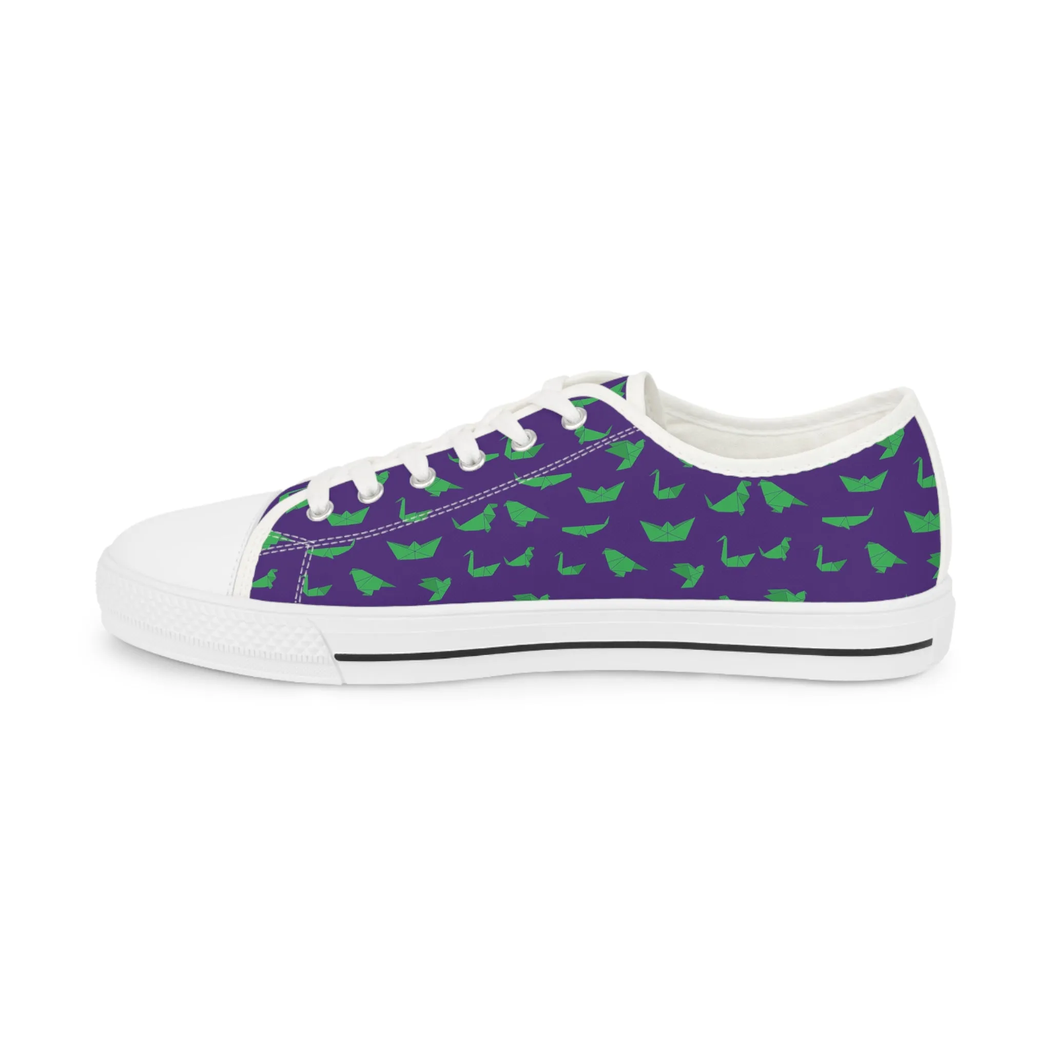 Purple Crane Print Men's Sneakers, Green and Purple Japanese Crane Print Men's Low Top Sneaker Shoes (US Size: 5-14)