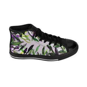 Tropical Men's High Tops, Light Gray Green Tropical Leaf Print High-top Sneakers Tennis Shoes