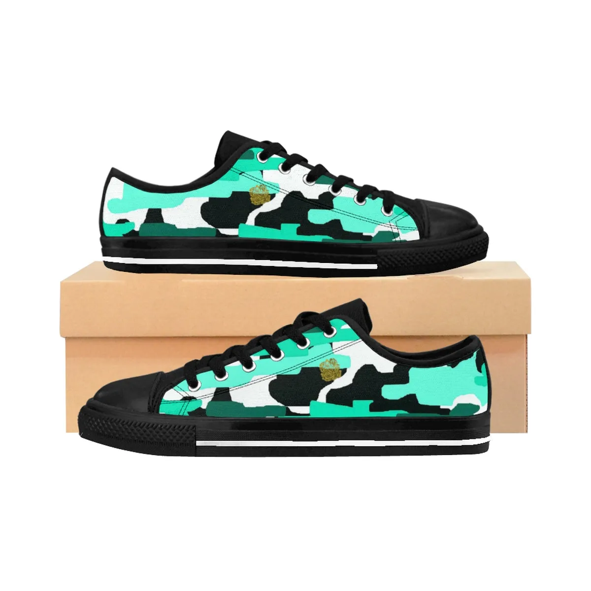 Turquoise Blue Camo Sneakers, Best Camouflage Military Print Men's Low Top Nylon Canvas Sneakers