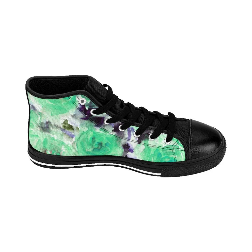 Turquoise Blue Men's High-top Sneakers, Floral Print Men's Designer Tennis Running Shoes